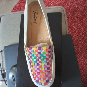 Trotters White Leather Multi Woven Slip-on